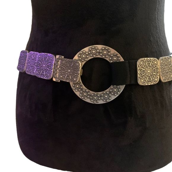 Stretch metal large medallion belt OS Premium Medallion Rhinestones Buckle Wide Elastic Stretch  main image 2